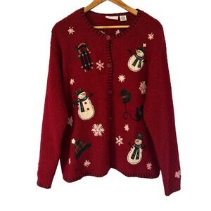 Vintage Croft & Barrow Christmas Cardigan XL Silk Wool Snowman Sweater 90s Y2K
